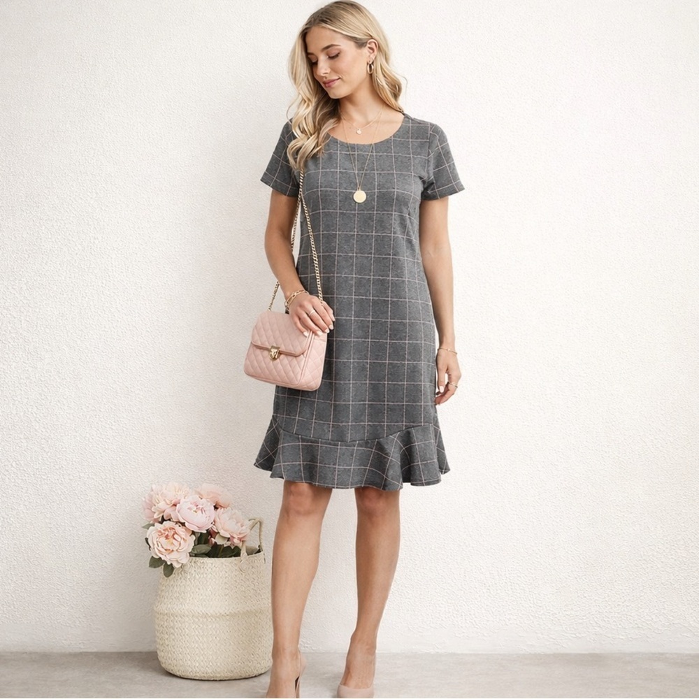 LOFT Women's Gray Pink Windowpane Plaid Ruffle Hem Shift Dress Size 0